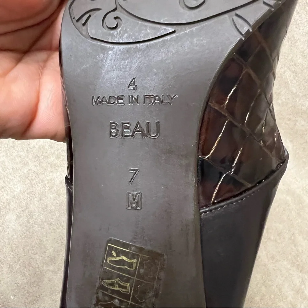 Brighton BEAU Bronze Patent Leather Croc Shoes Mules Heels Sz 4